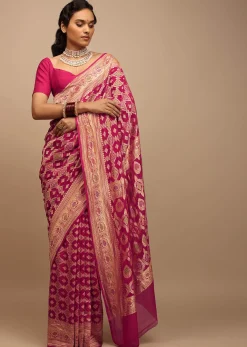 Rani Pink Saree In Georgette With Woven Geometric Jaal And Floral Border