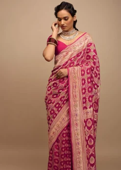 Rani Pink Saree In Georgette With Woven Geometric Jaal And Floral Border