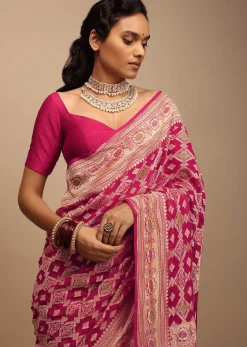 Rani Pink Saree In Georgette With Woven Geometric Jaal And Floral Border