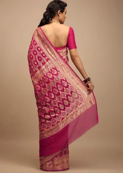 Rani Pink Saree In Georgette With Woven Geometric Jaal And Floral Border