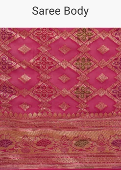 Rani Pink Saree In Georgette With Woven Geometric Jaal And Floral Border
