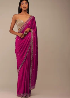 Rani Pink Saree In Stones And Cut Dana Embroidery
