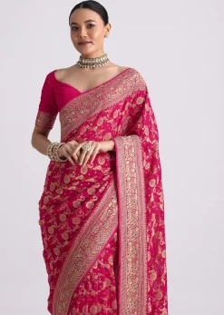 Rani Pink Saree With Bandhani Jaal And Cutdana Work