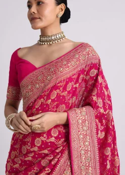 Rani Pink Saree With Bandhani Jaal And Cutdana Work