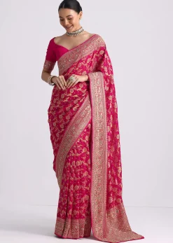 Rani Pink Saree With Bandhani Jaal And Cutdana Work