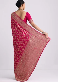 Rani Pink Saree With Bandhani Jaal And Cutdana Work