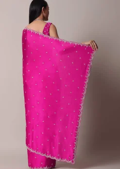 Rani Pink Satin Chinon Saree With Scallop Border And Unstitched Blouse Piece