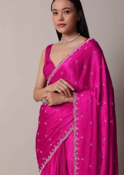 Rani Pink Satin Chinon Saree With Scallop Border And Unstitched Blouse Piece