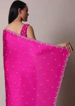 Rani Pink Satin Chinon Saree With Scallop Border And Unstitched Blouse Piece