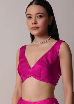 Rani Pink Satin Chinon Saree With Scallop Border And Unstitched Blouse Piece