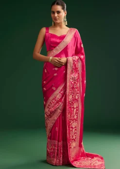 Rani Pink Satin Saree With Zari Woven Design