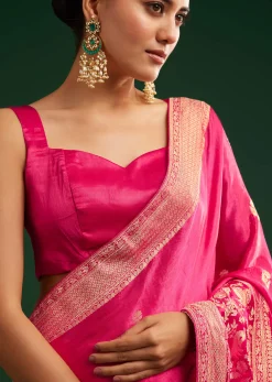 Rani Pink Satin Saree With Zari Woven Design