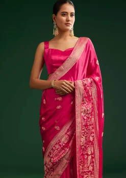 Rani Pink Satin Saree With Zari Woven Design
