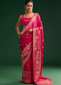 Rani Pink Satin Saree With Zari Woven Design