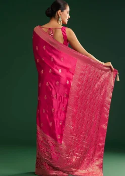 Rani Pink Satin Saree With Zari Woven Design