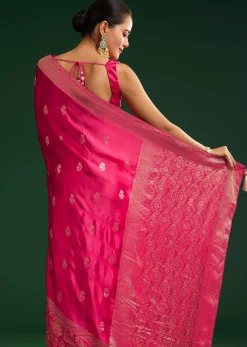 Rani Pink Satin Saree With Zari Woven Design