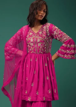 Rani Pink Sharara Suit Set In Silk With Floral Embroidery