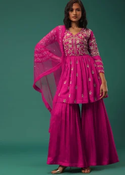 Rani Pink Sharara Suit Set In Silk With Floral Embroidery