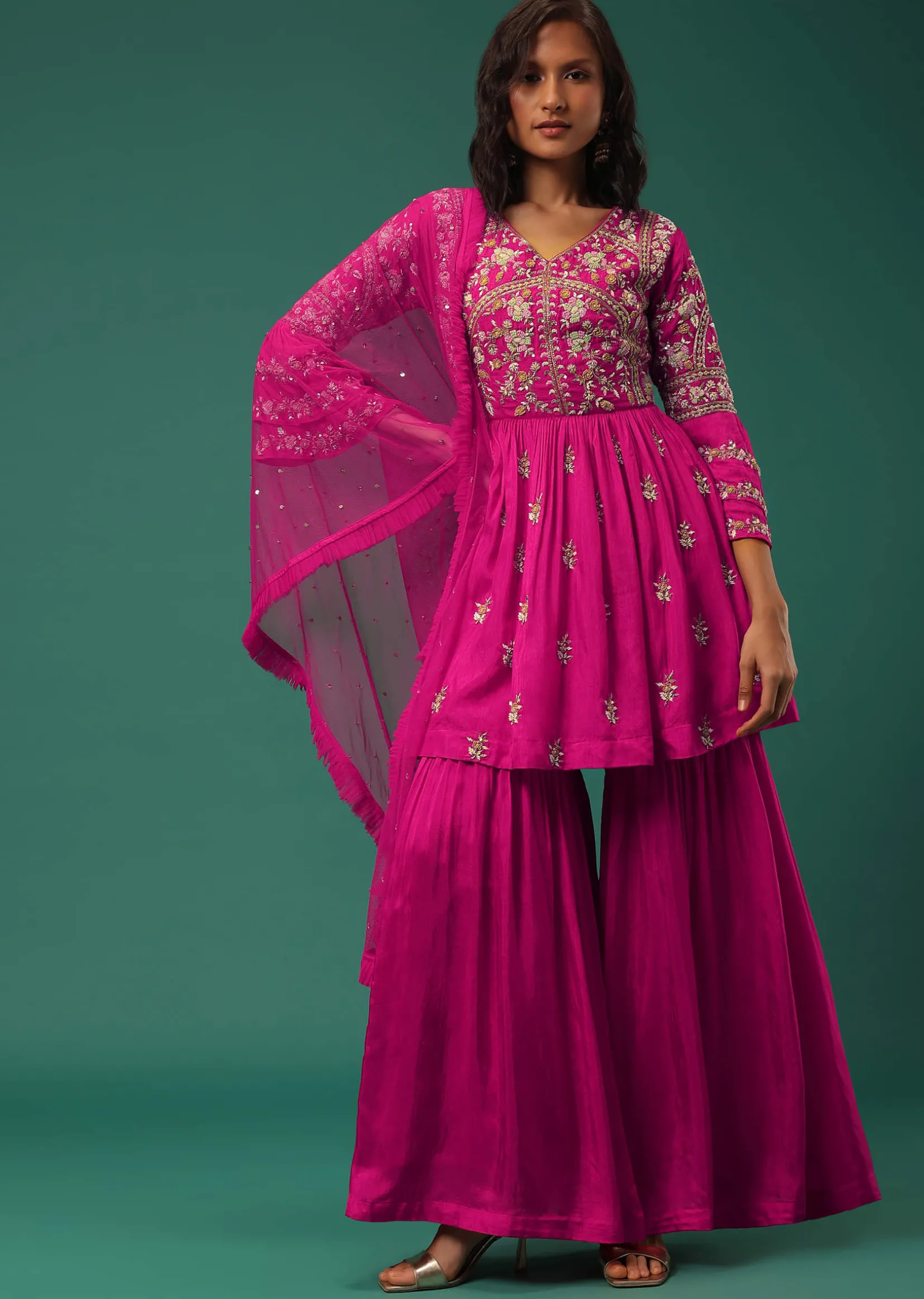 Rani Pink Sharara Suit Set In Silk With Floral Embroidery
