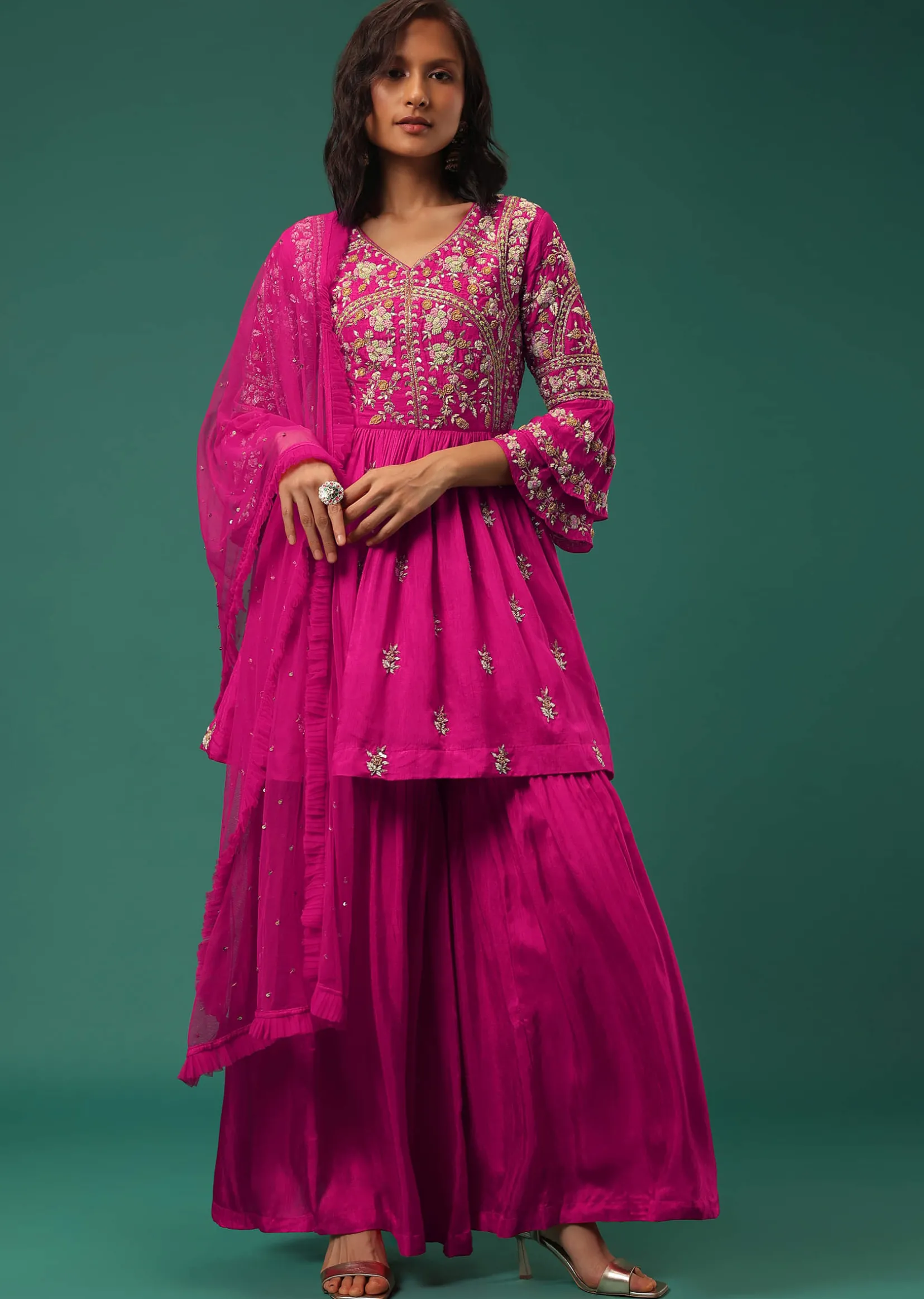 Rani Pink Sharara Suit Set In Silk With Floral Embroidery