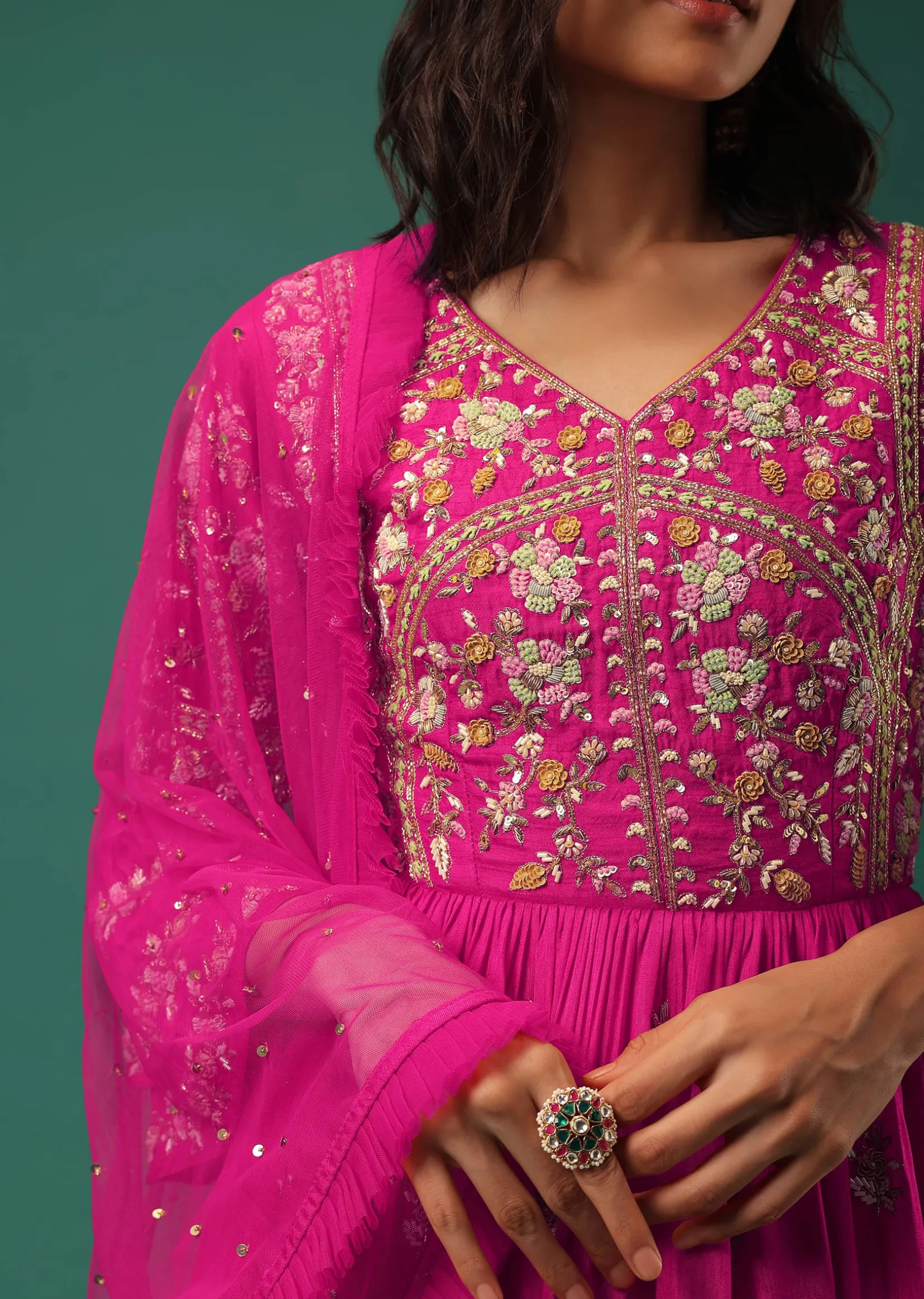 Rani Pink Sharara Suit Set In Silk With Floral Embroidery