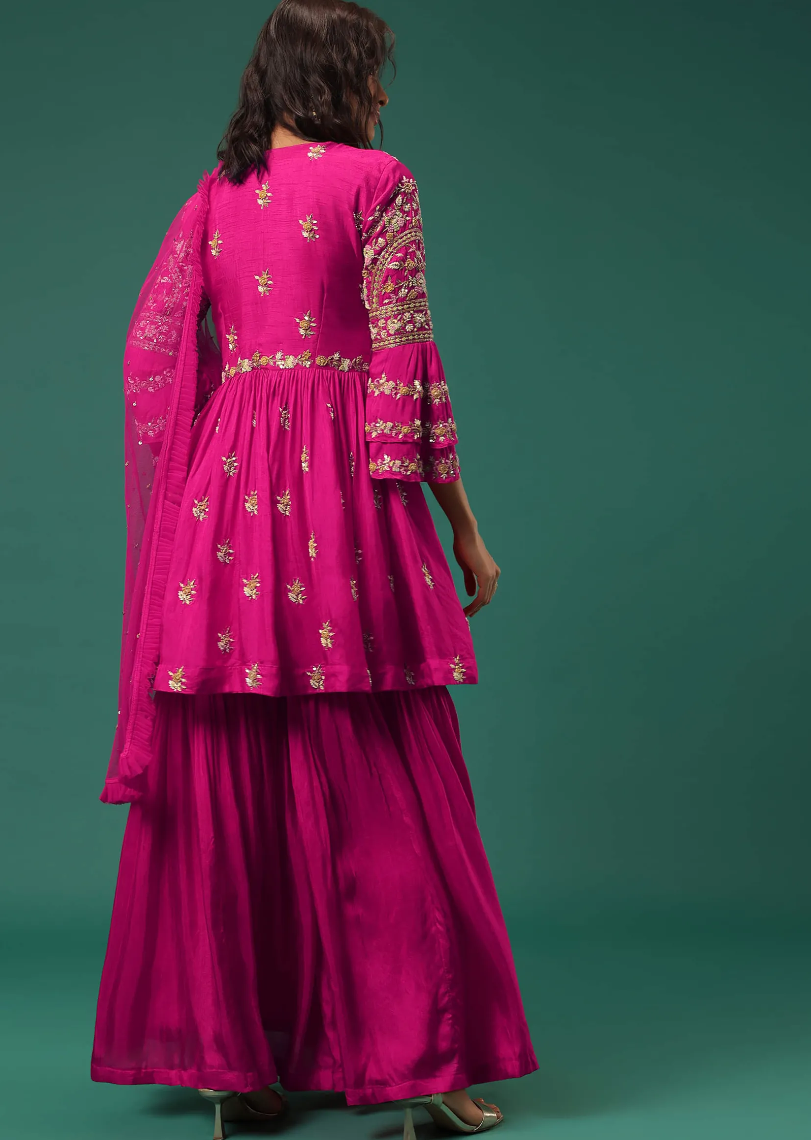 Rani Pink Sharara Suit Set In Silk With Floral Embroidery