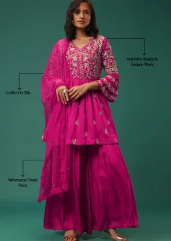 Rani Pink Sharara Suit Set In Silk With Floral Embroidery