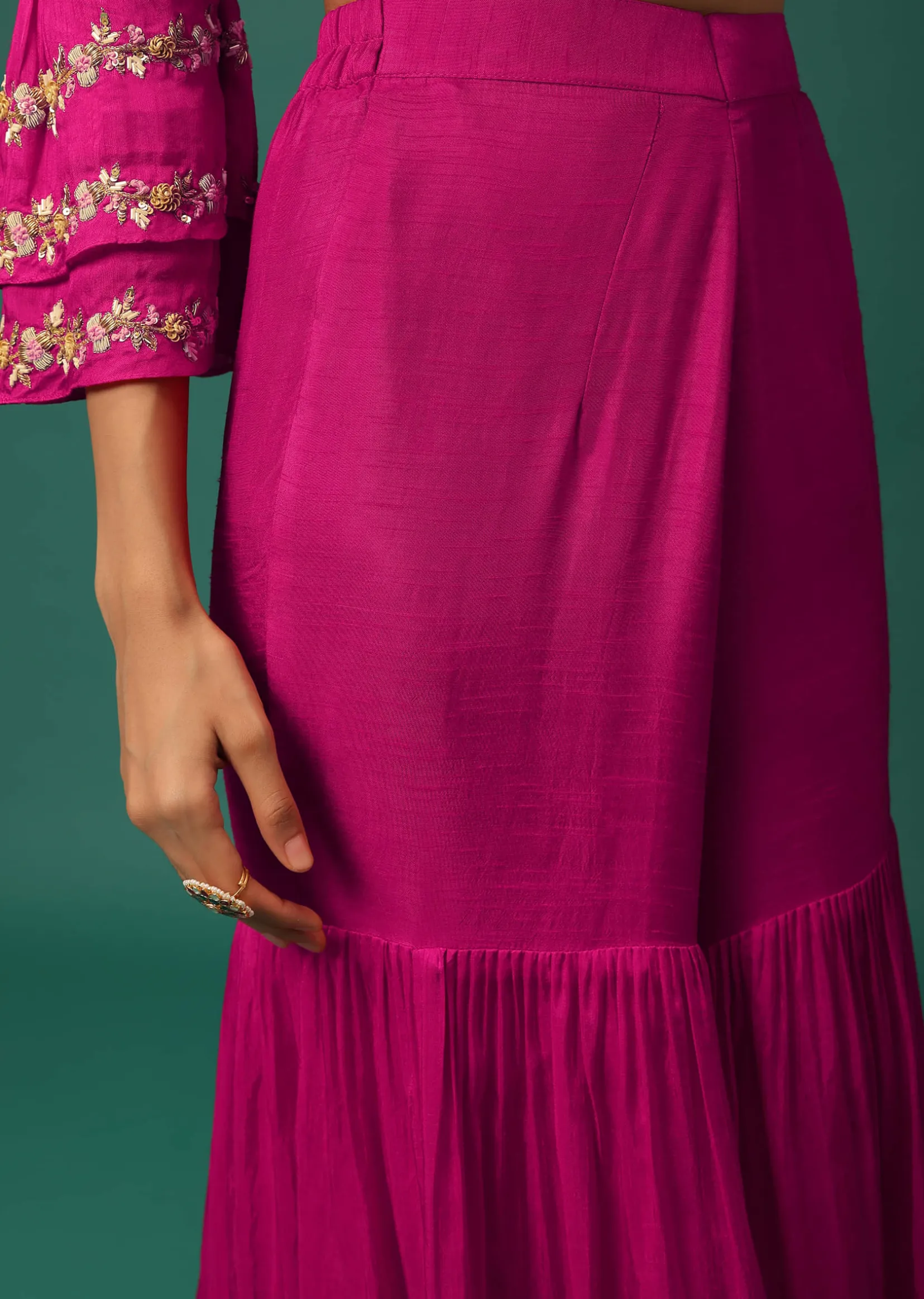 Rani Pink Sharara Suit Set In Silk With Floral Embroidery