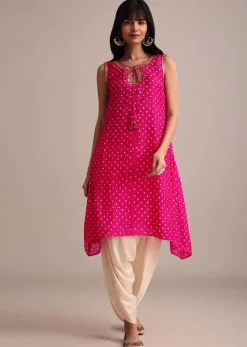 Rani Pink Silk Bandhani Print Kurta Dhoti Set