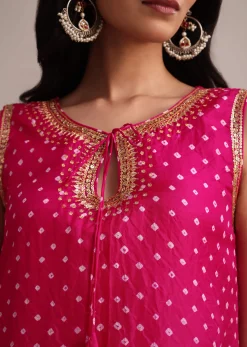 Rani Pink Silk Bandhani Print Kurta Dhoti Set