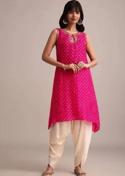 Rani Pink Silk Bandhani Print Kurta Dhoti Set