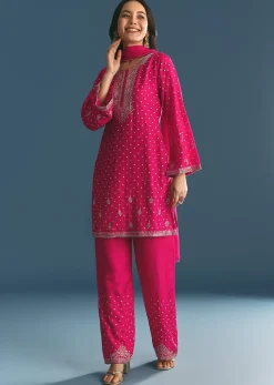 Rani Pink Silk Embroidered Kurta Set With Dupatta