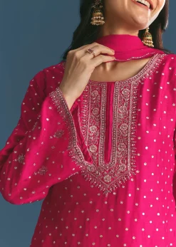 Rani Pink Silk Embroidered Kurta Set With Dupatta