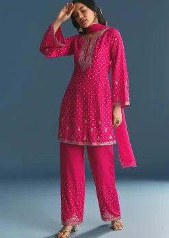 Rani Pink Silk Embroidered Kurta Set With Dupatta
