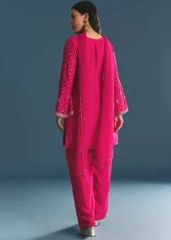Rani Pink Silk Embroidered Kurta Set With Dupatta