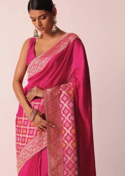 Rani Pink Silk Saree With Bandhani Detail And Unstitched Blouse Piece