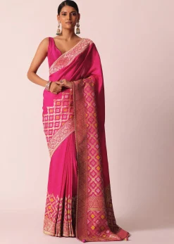 Rani Pink Silk Saree With Bandhani Detail And Unstitched Blouse Piece