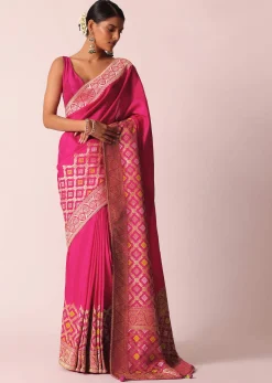 Rani Pink Silk Saree With Bandhani Detail And Unstitched Blouse Piece