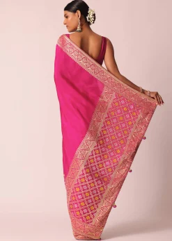 Rani Pink Silk Saree With Bandhani Detail And Unstitched Blouse Piece