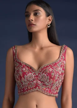 Rani Pink Sleeveless Blouse In Raw Silk With Floral Jaal Embroidery