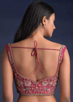 Rani Pink Sleeveless Blouse In Raw Silk With Floral Jaal Embroidery