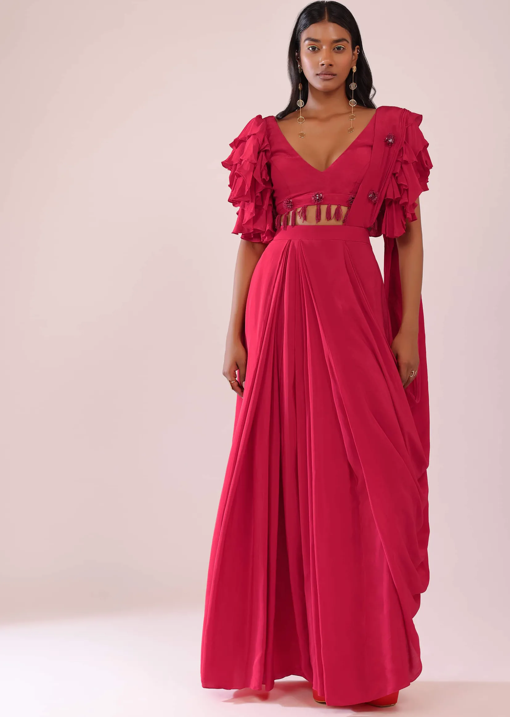 Rani Pink Stitched Drape Saree In Crepe With Tiki And Salli Work