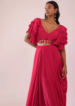 Rani Pink Stitched Drape Saree In Crepe With Tiki And Salli Work