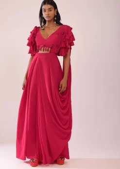 Rani Pink Stitched Drape Saree In Crepe With Tiki And Salli Work