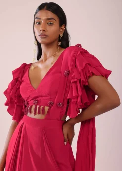 Rani Pink Stitched Drape Saree In Crepe With Tiki And Salli Work
