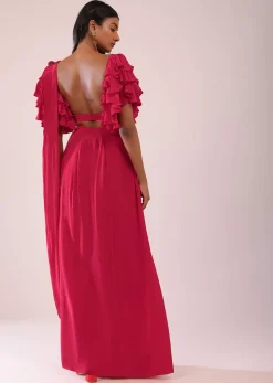 Rani Pink Stitched Drape Saree In Crepe With Tiki And Salli Work
