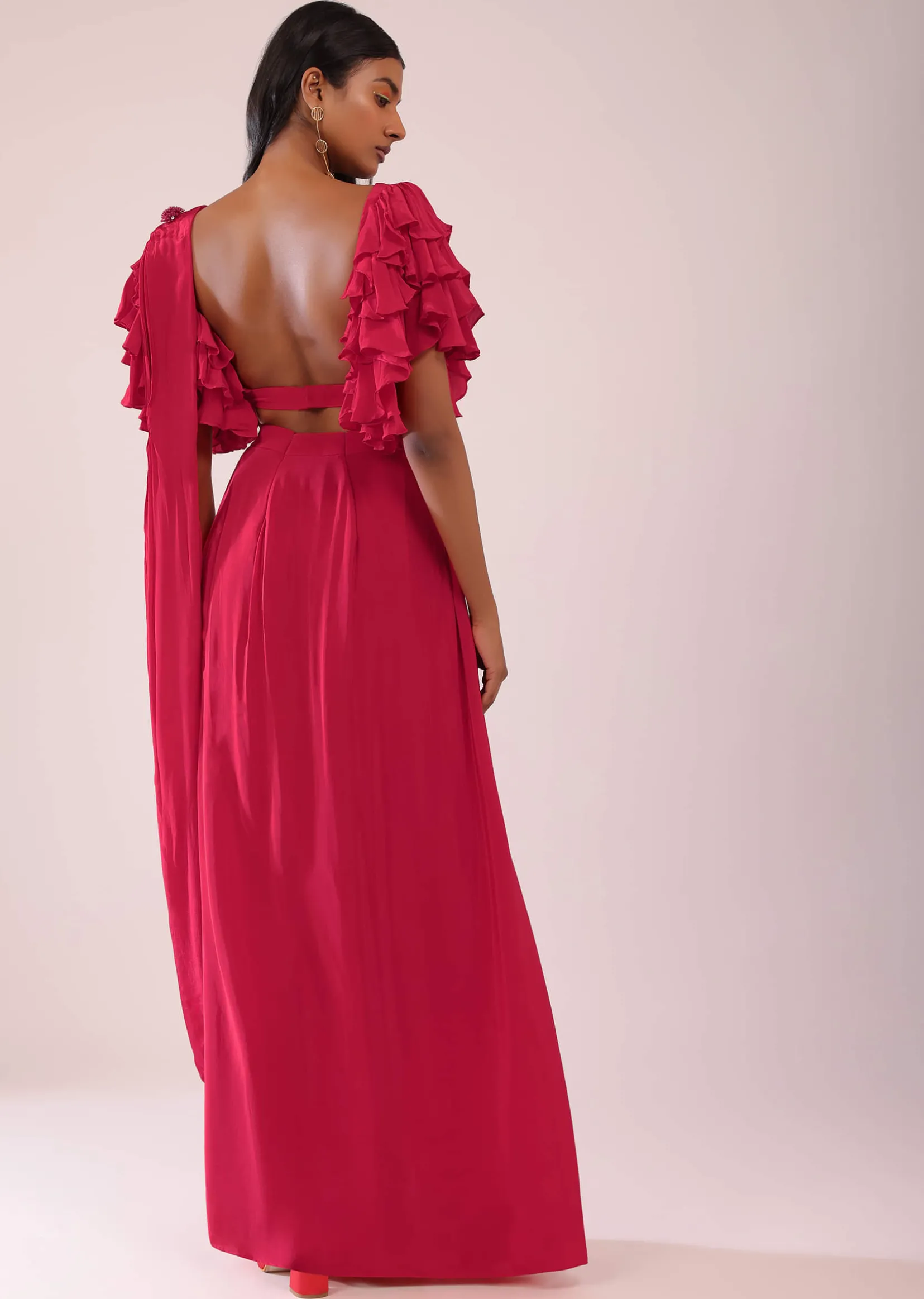 Rani Pink Stitched Drape Saree In Crepe With Tiki And Salli Work