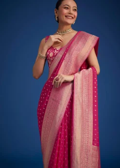 Rani Pink Tissue Silk Saree With Zari Border And Butti Work