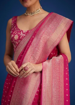 Rani Pink Tissue Silk Saree With Zari Border And Butti Work