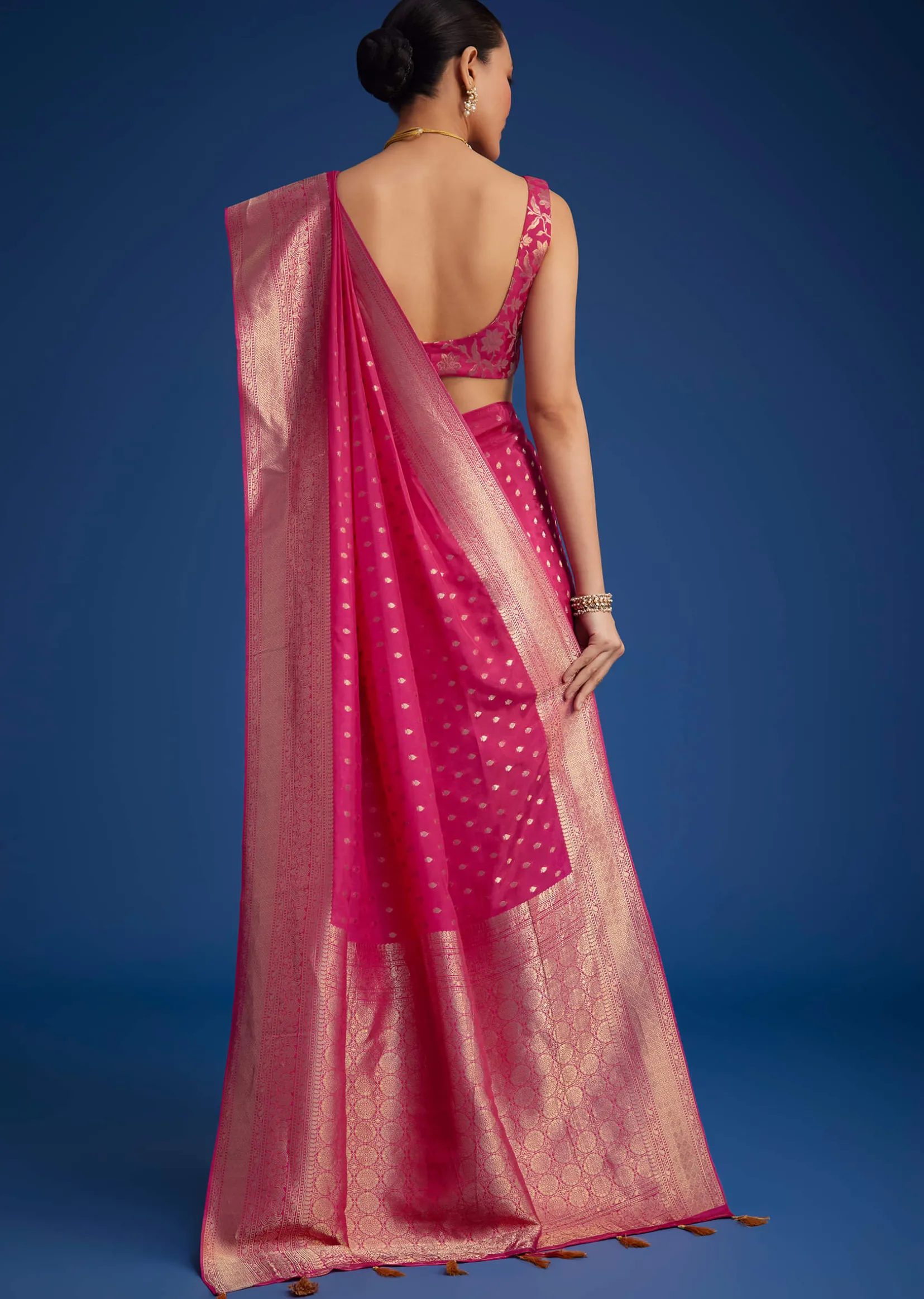 Rani Pink Tissue Silk Saree With Zari Border And Butti Work